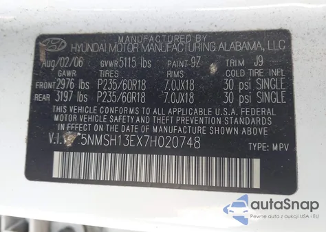 2007 Hyundai Santa Fe Limited/Se z USA, uszkodzony, nr VIN 5NMSH13EX7H020748